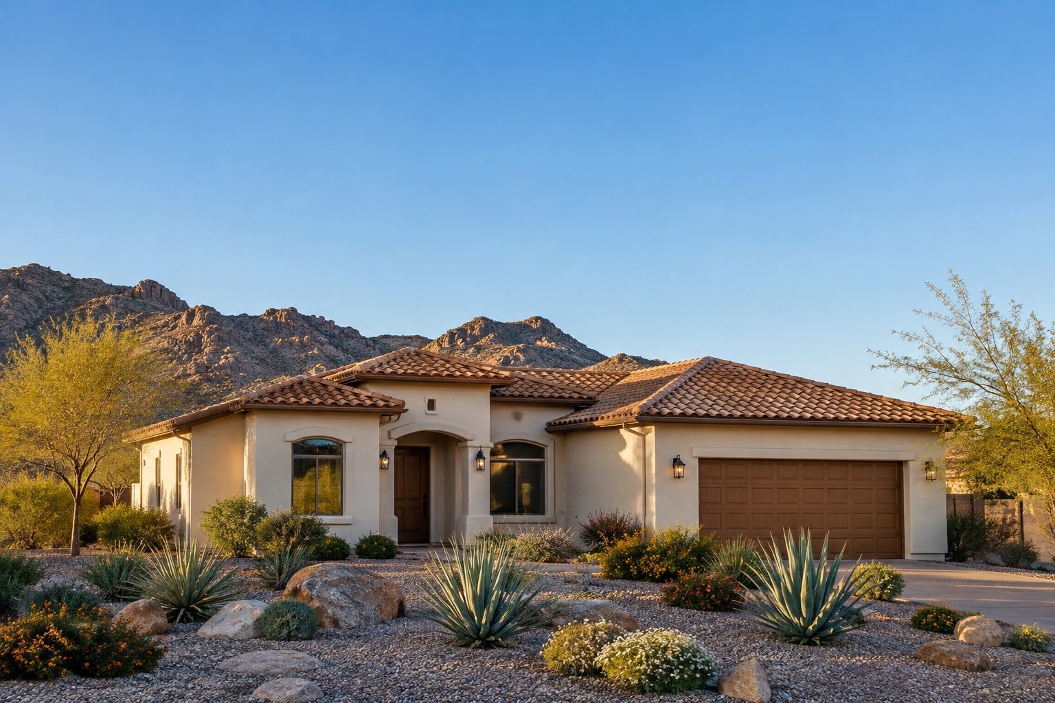 Illustrative Arizona home with desert landscaping and blue sky