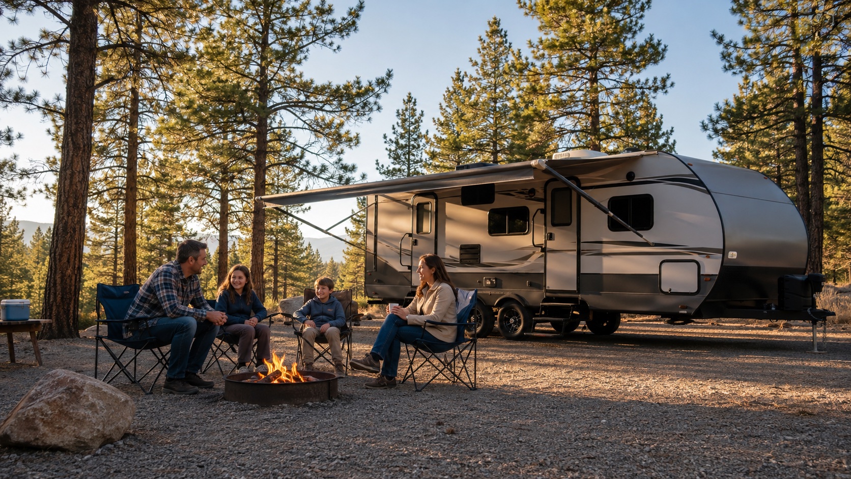 Family relaxing around a small campfire beside a travel trailer at a pine forest campsite
